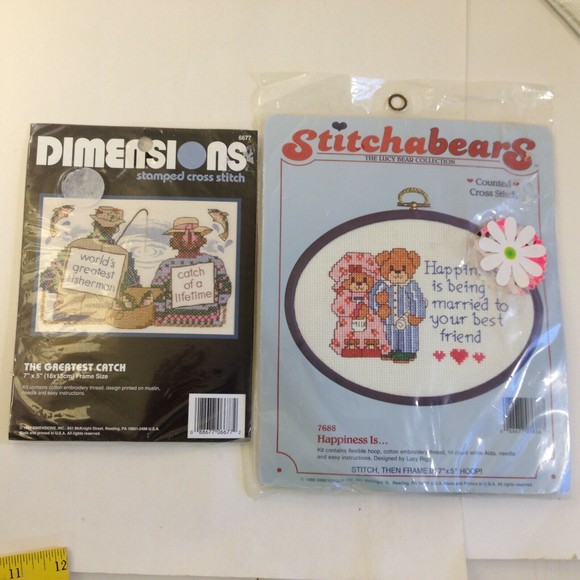 (2) Vintage Dimensions Cross Stitch The Greatest Catch Happiness is USA New - Picture 1 of 7